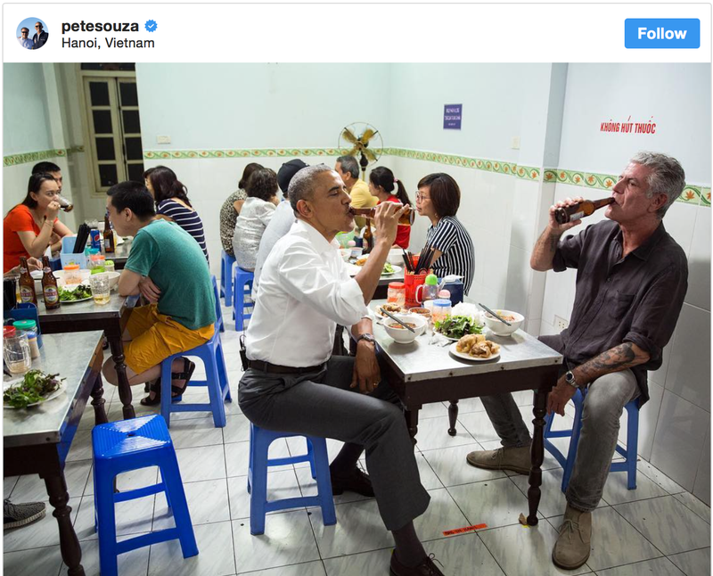 Barack Obama tweeted Friday, “Low plastic stool, cheap but delicious noodles, cold Hanoi beer. This is how I’ll remember Tony. He taught us about food — but more importantly, about its ability to bring us together. To make us a little less afraid of the unknown. We’ll miss him.” Obama and Anthony Bourdain are in Hanoi.
